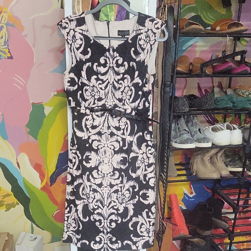 Connected Apparel Pink and Black Sheath Midi Dress Sleeveless Crew Neck